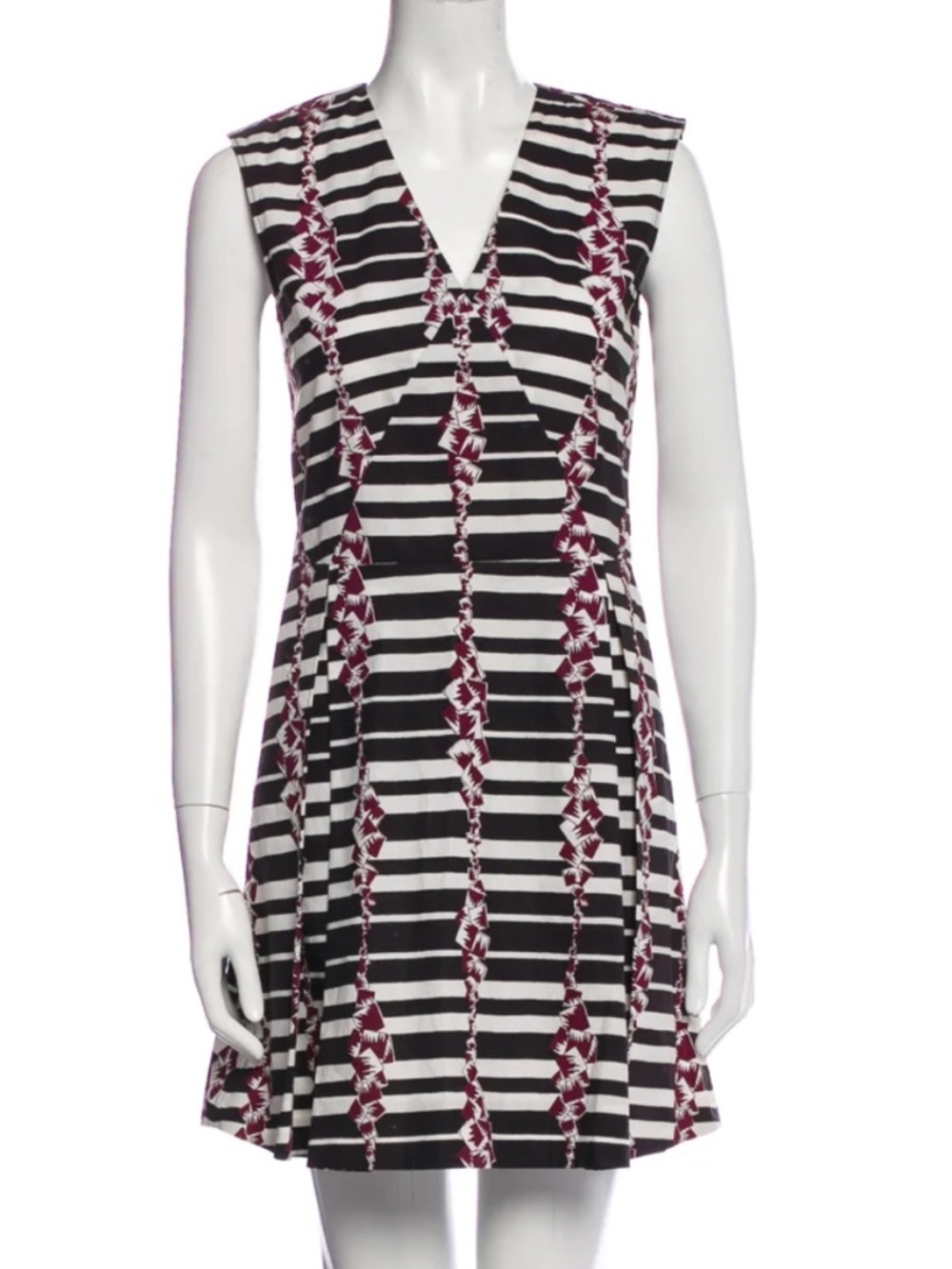 SUNO Monochrome Block Stripes V-neck Poplin Pleated A-Line Mini Dress Size 6